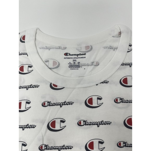 Champion Mens White Short Sleeve T-shirt All over Logo Mens XXL Standard Fit NWT - Picture 3 of 5